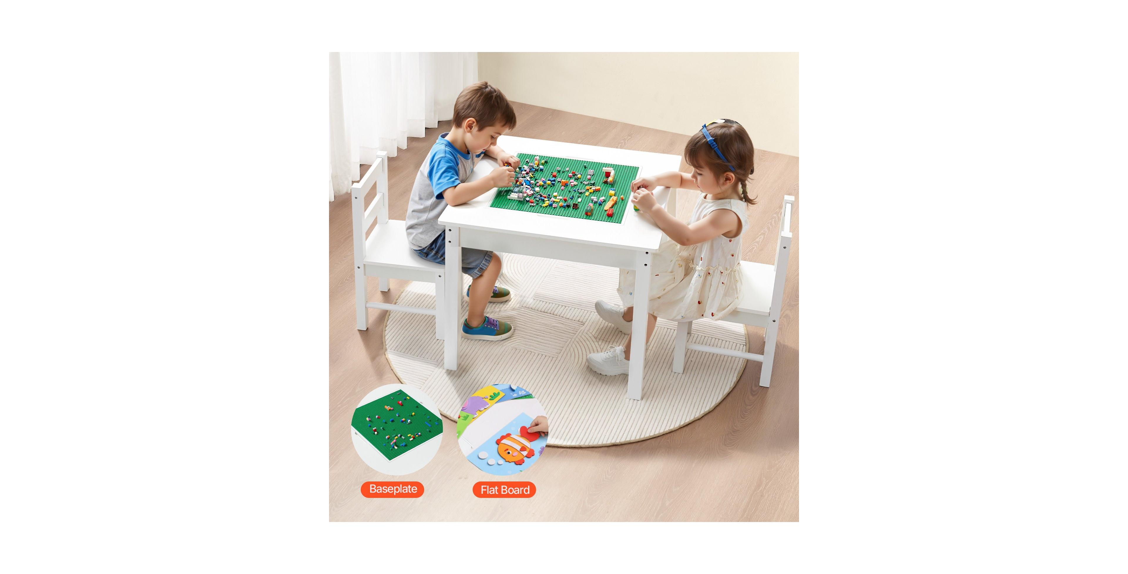 Mecale Kids Activity Table & 2 Chairs Set, Double-Sided Blocks Tabletop w/ Storage, Ages 3+, White