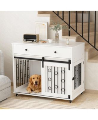  Dog Crate Furniture with Double Drawers and Sliding Barn Door in White