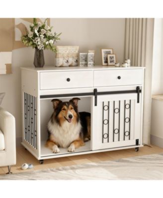  Dog Crate Furniture with Double Drawers and Sliding Barn Door in White