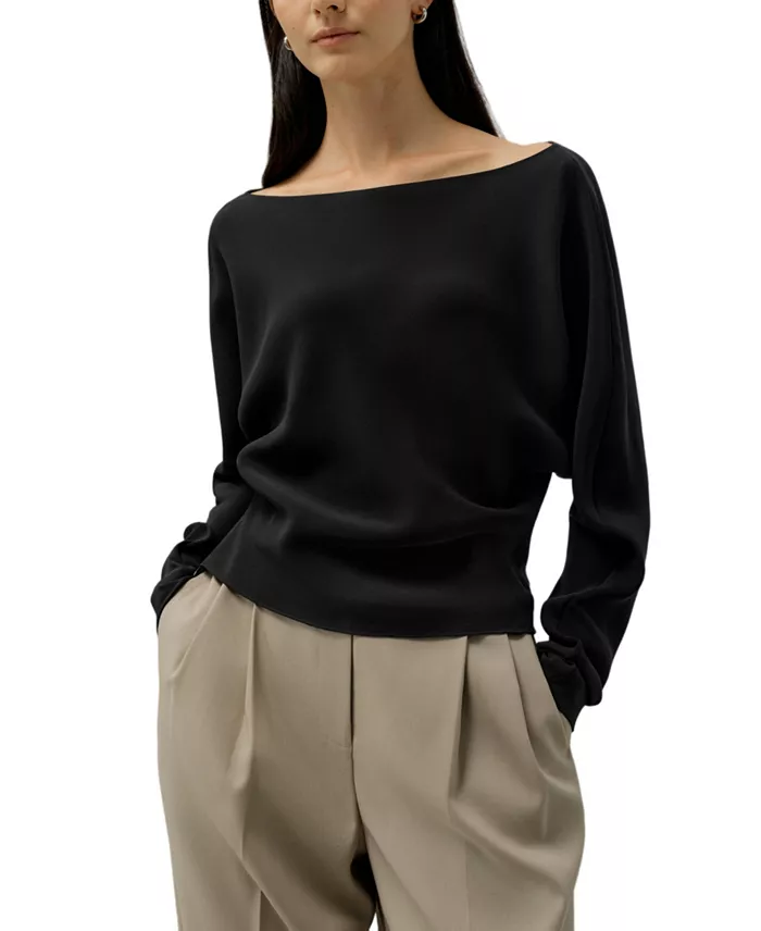 Women's Long Sleeve Gathered Silk Top - thumbnail 6
