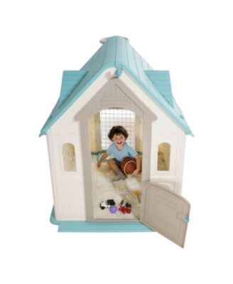 Outdoor Playhouse, 5-In-1 Cottage Play House with Pretend Play, Basketball, Darts, Soccer, Ring Toss