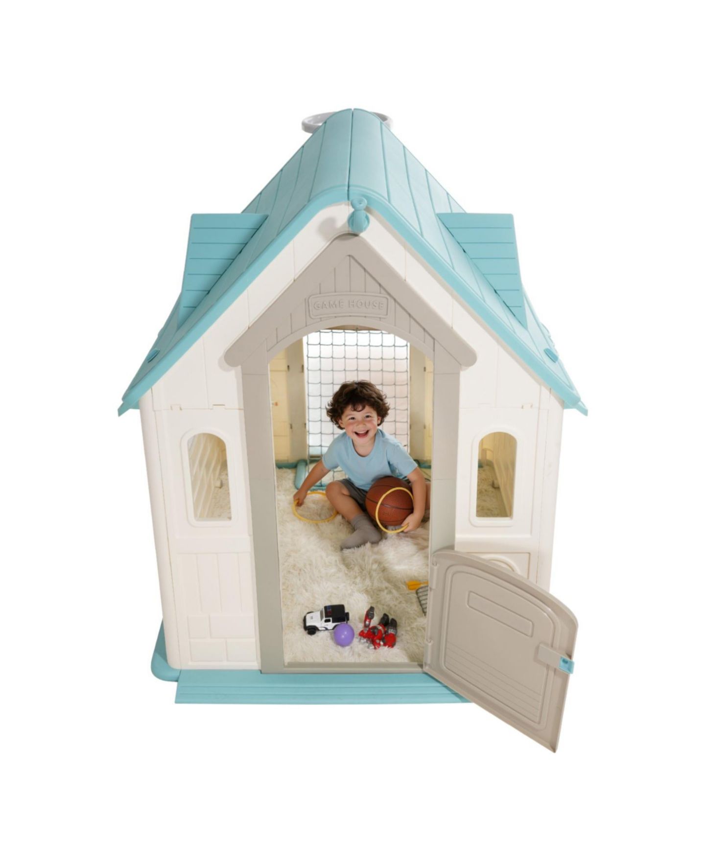 Детские игрушки Slickblue 5-In-1 Cottage Play House with Basketball, Darts, Soccer & Ring Toss, 2–5 лет, цвет: Белый / Синий — фото 9