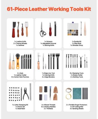 Leather Working Tools Kit, 61-Piece Leather Craft Set w/ Canvas Storage Bag, Punching, Sewing, Stamping & Sanding