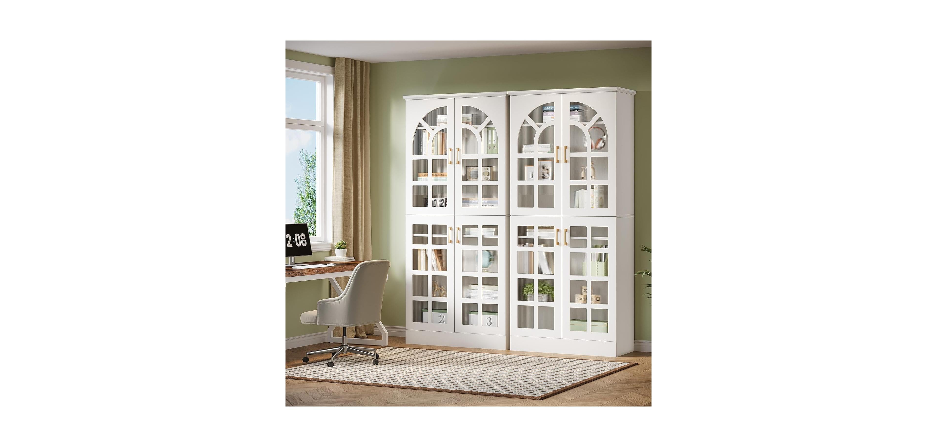 Tribesigns 8-Tier Bookshelf with Doors and Led Lights Set of 2, 68.9" Tall Bookcase with Adjustable Shelves, Modern Wooden Display Cabinet