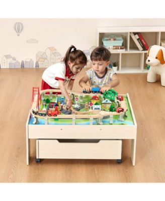 Kids Train Table with 100-Piece Wooden Set and Storage Drawer