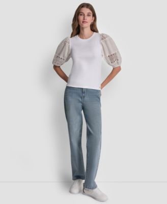 Petite Crew Neck Lace Eyelet Top