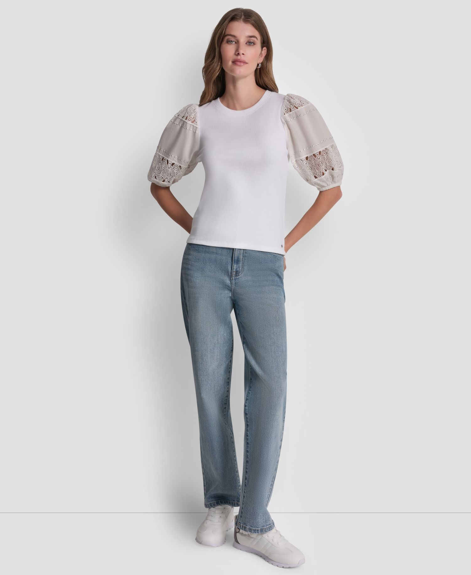 Petite Crew Neck Lace Eyelet Pull-On Top