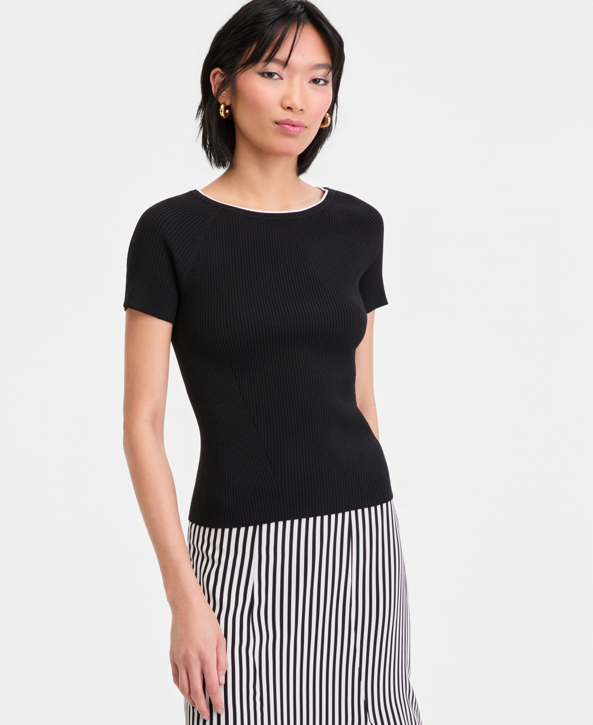 I.n.c. International Concepts Women's Tipped Rib-Knit Short-Sleeve Top, Macy's Exclusive