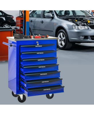 7 Drawers Multifunctional Tool Cart with Wheels Metal Rolling Tool Cart Storage with Stainless Steel Roof Black Blue