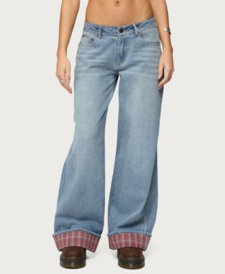 Women's Plaid Cuffed Low Rise Baggy Jeans