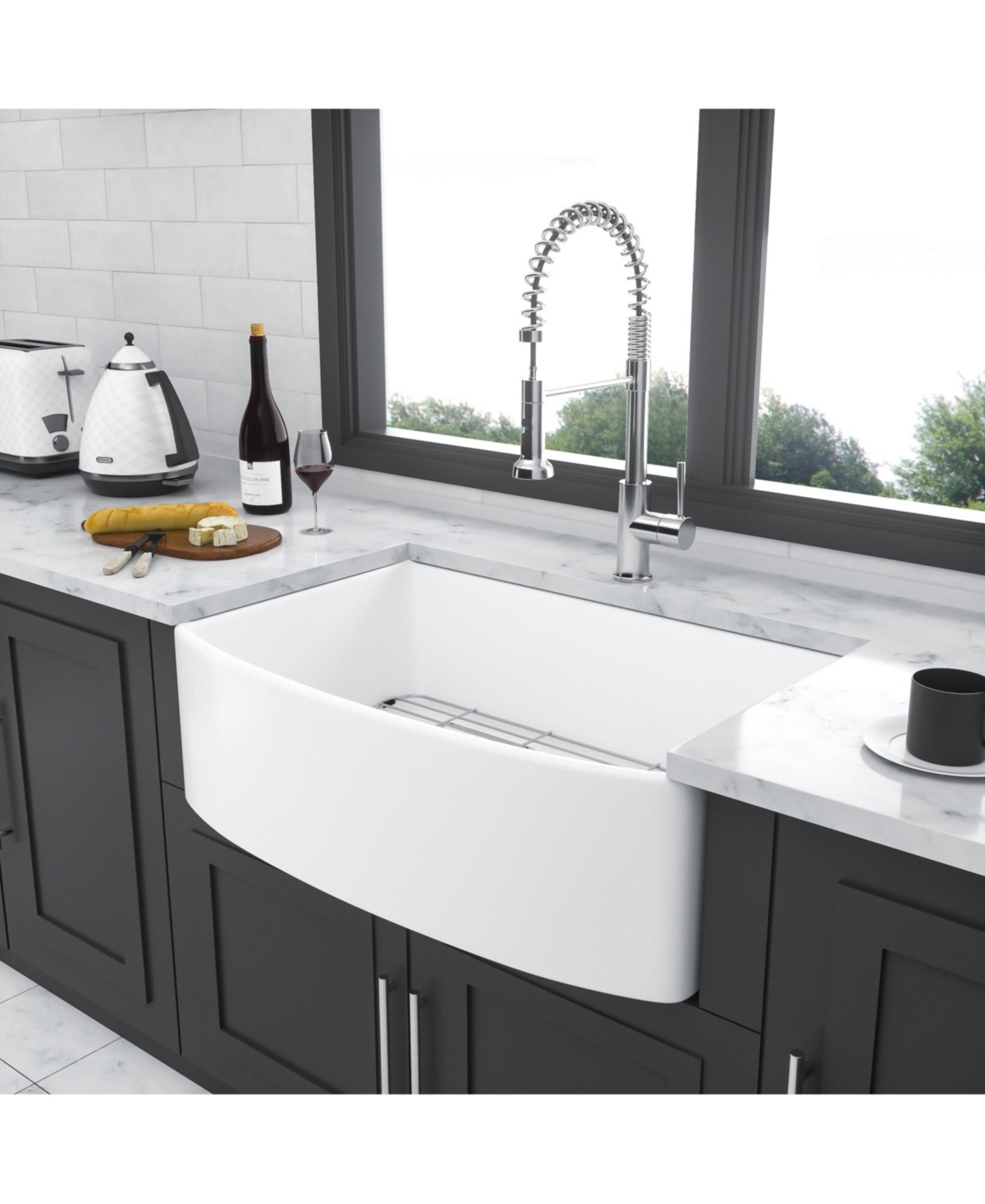 flynama 33x19x10inch White Farmhouse Sink Porcelain Ceramic Arch Edge Apron Front Single Bowl