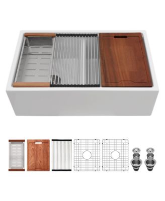 33x20x10inch White Porcelain Ceramic Double Bowl Farmhouse Workstation Kitchen Sink with Full Accessories