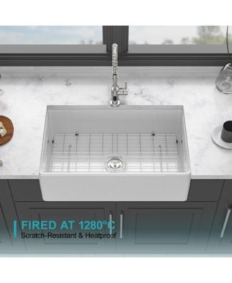 33x18x10inch White Porcelain Ceramic Single Bowl Reversible Design Kitchen Sink with Stainless Steel Accessories