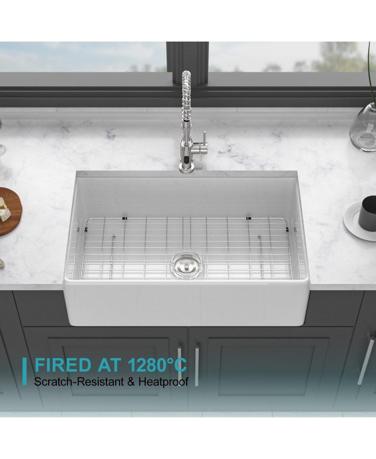 flynama 33x18x10inch White Porcelain Ceramic Single Bowl Reversible Design Kitchen Sink with Stainless Steel Accessories