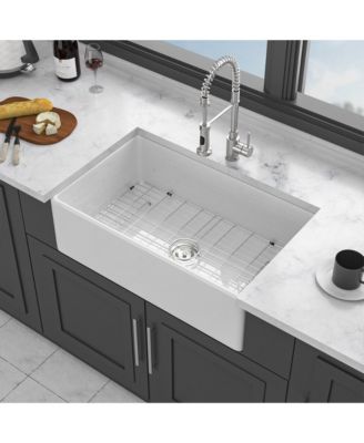 33x18x10inch White Porcelain Ceramic Single Bowl Reversible Design Kitchen Sink with Stainless Steel Accessories