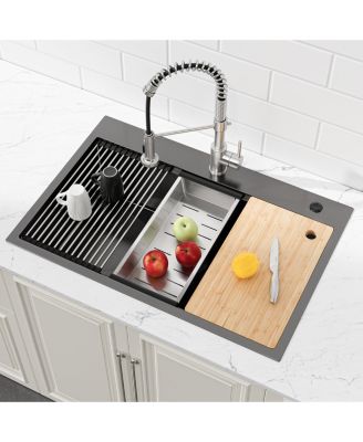 33inch Overmount Single Bowl Black 304 Stainless Steel Handmade Kitchen Sink with Cutting Board and Colander