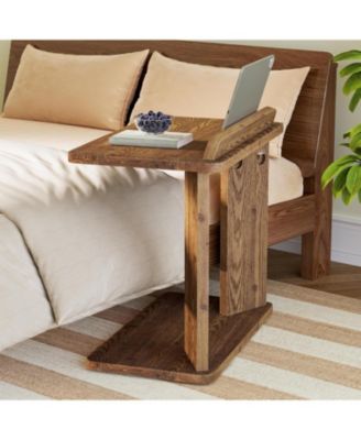 Solid Wood C-Shaped End Table, Farmhouse Wooden Side Table with Book Groove & Holder, 2-Tier Bedside Nightstand