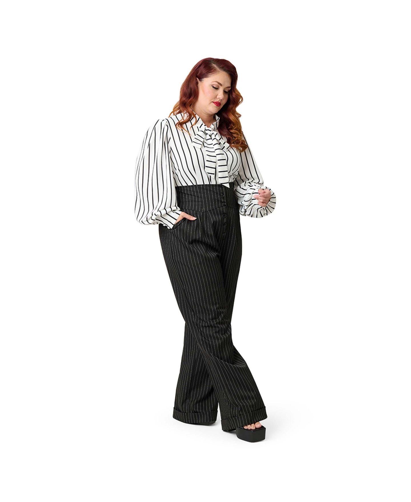 Женские брюки Unique Vintage Plus Size High Waist, цвет: Чёрный полосатый — фото 4
