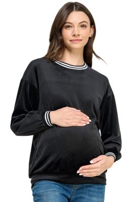 Women's Velvet Striped Neckline Long Sleeve Maternity Sweatshirt Top
