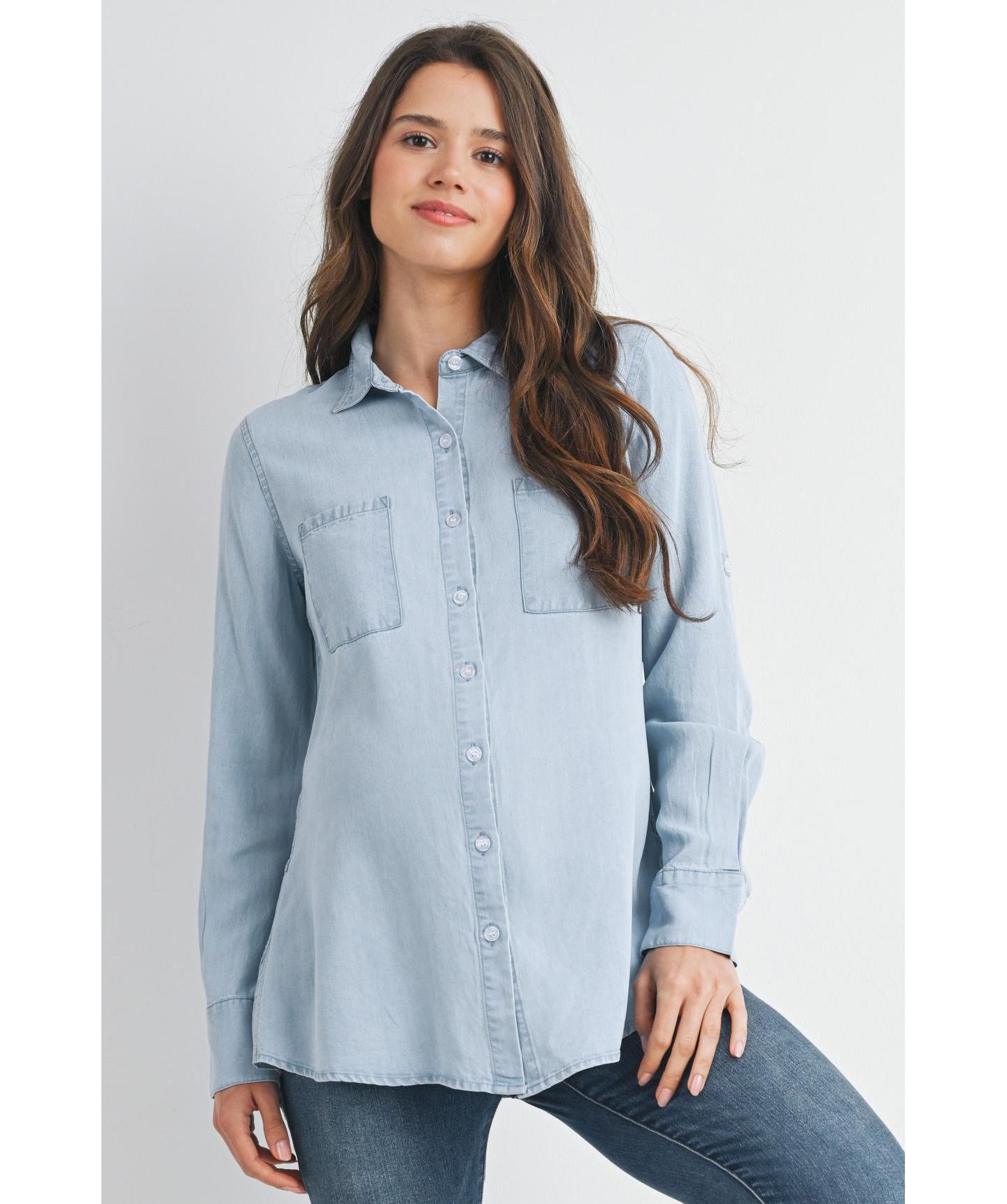 Женская рубашка Hello Miz Maternity Button Down Long Sleeve Nursing, цвет: Джинсовый — фото 1