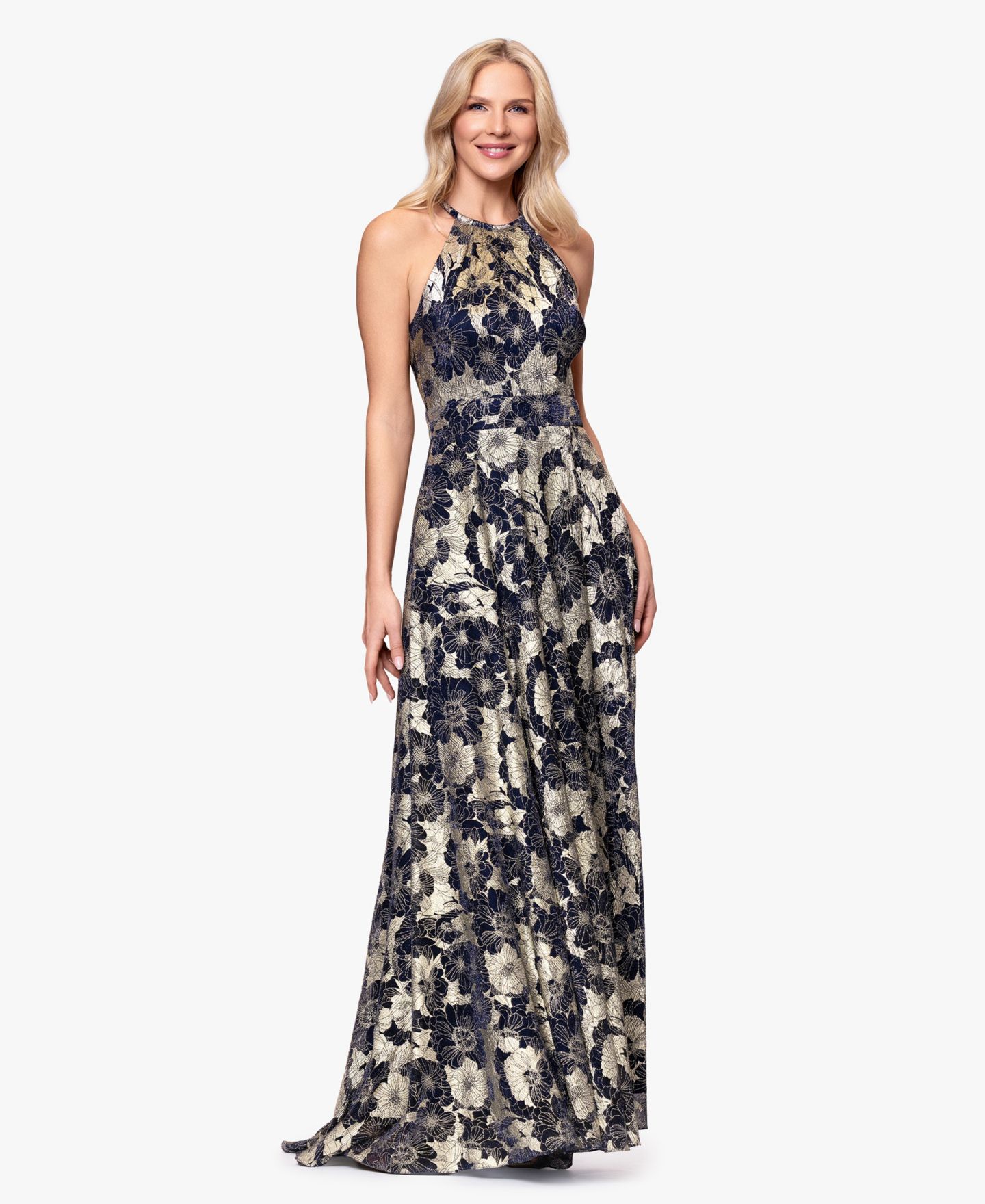 Женские платья B&A By Betsy and Adam Halter Neck Wrap Foil Gown, цвет: Тёмно-синий золотой — фото 1