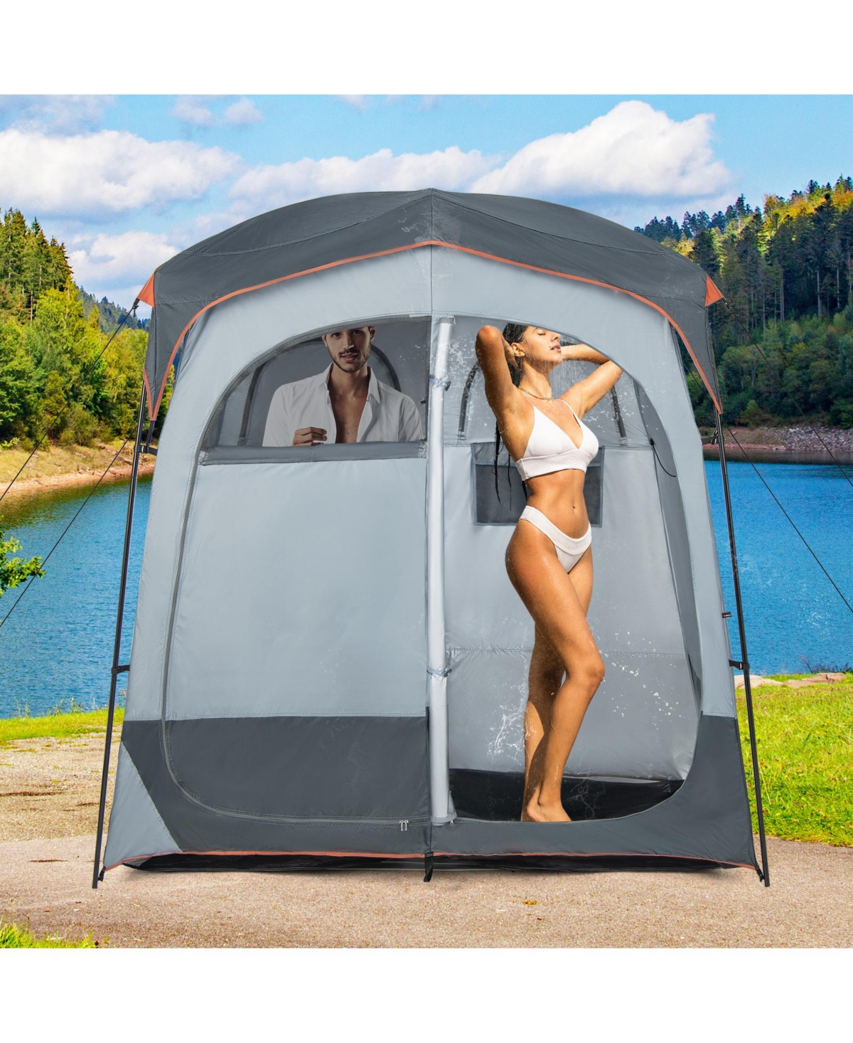 Skonyon 2 Rooms Oversize Privacy Shower Tent with Removable Rain Fly and Inside Pocket
