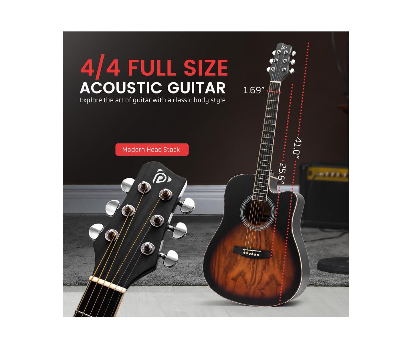 Детские игрушки Pyle 41 Steel Strings Acoustic Guitar Sunburst Teardrop Full-Size Beginner 7-Piece Music Kit, Ages 14 & Up, цвет: Чёрный — фото 3