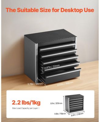 Metal Tool Box, 8.6", Portable 5-Drawer Tool Chest, EVA Liners, PP Feet, Ball-Bearing Slides, Powder-Coat