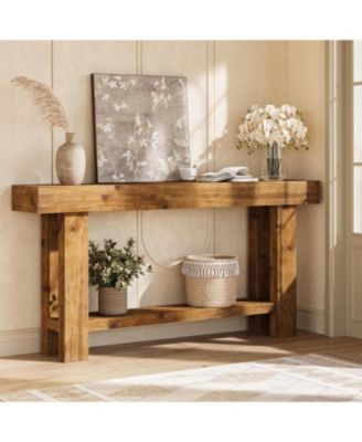 63-Inch Solid Wood Long Console Table, Farmhouse Narrow Entryway Sofa Table with 2-Tier Storage, Rustic Brown