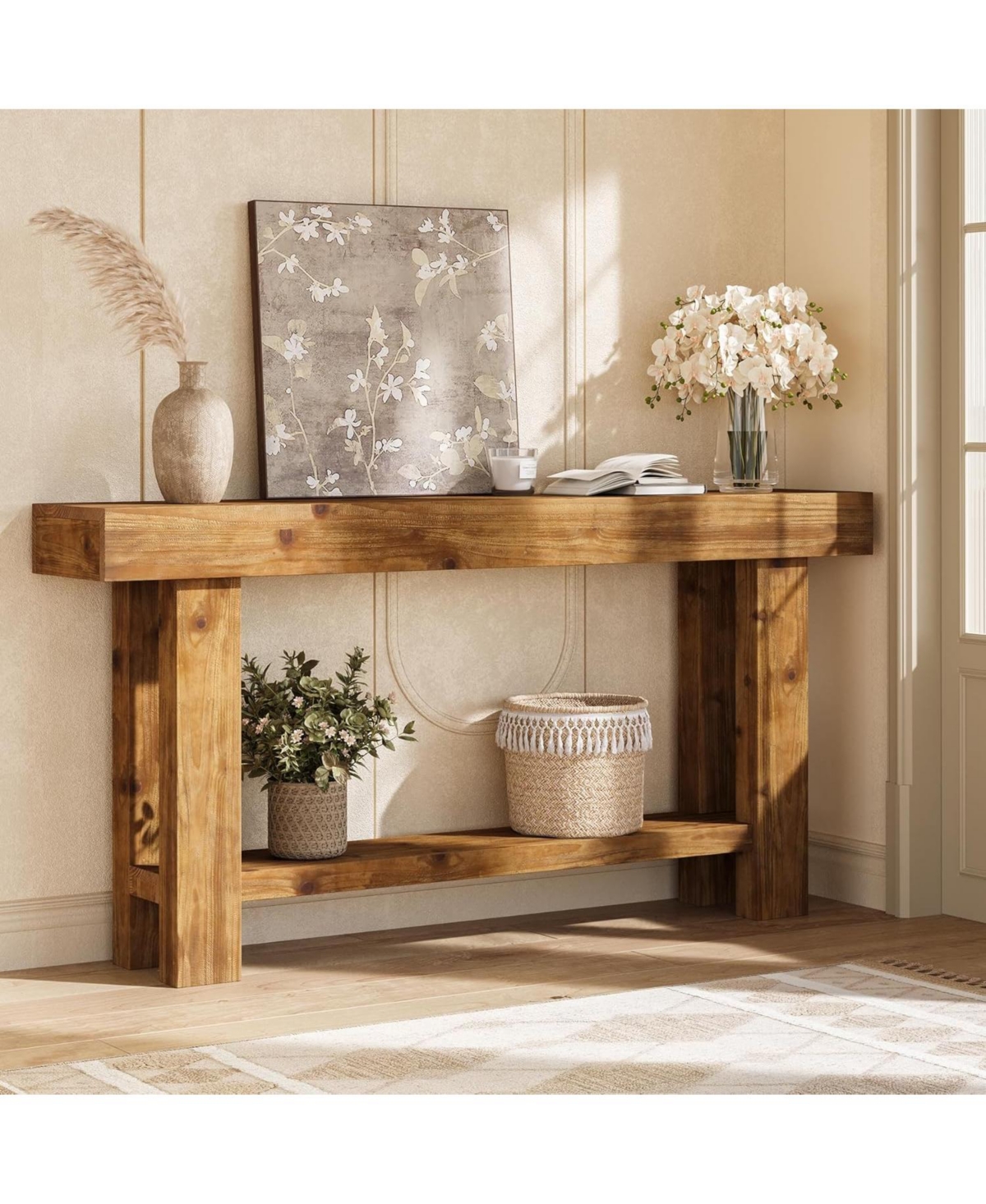 Tribesigns 63-Inch Solid Wood Long Console Table, Farmhouse Narrow Entryway Sofa Table with 2-Tier Storage, Rustic Brown