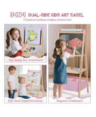 3 in 1 Kids Art Easel Set, Dual-Sided Art Station w/Whiteboard & Chalkboard