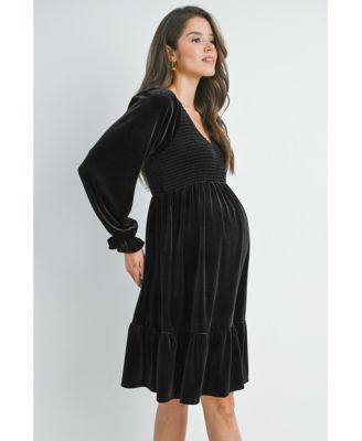 Maternity Smocked V Neck Long Sleeve Velvet Dress
