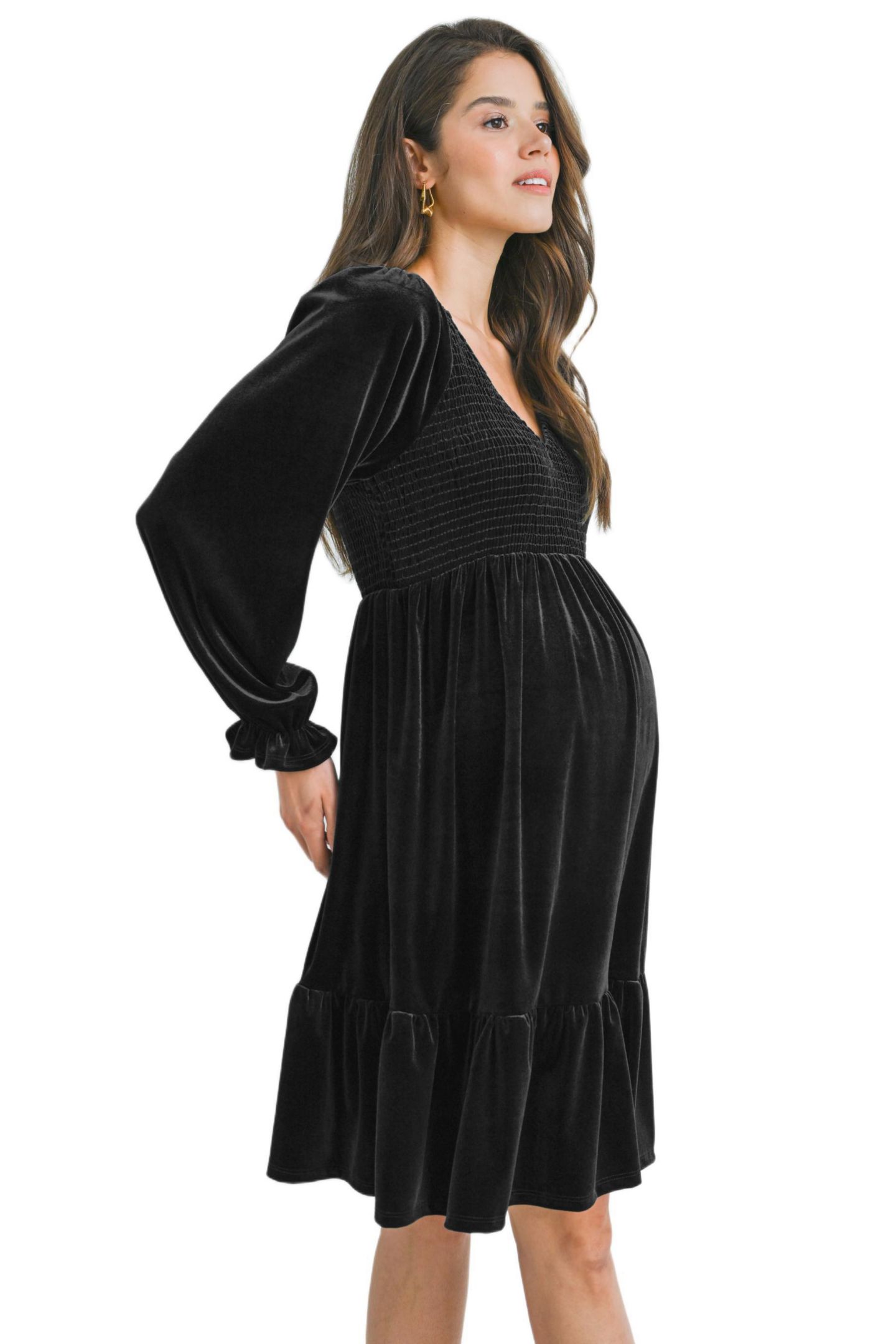 Женское платье Hello Miz Smocked V Neck Long Sleeve Velvet, цвет: Чёрный — фото 2