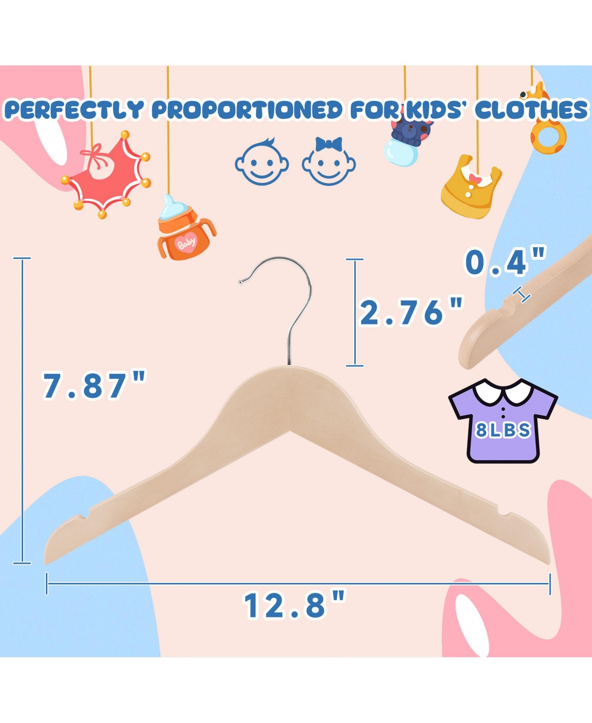 BP4U Kids Wooden Clothes Hangers, Baby Solid Wood Coat Shirt Top Hangers for Toddlers, Children, Youth's Jackets, Dresses, Blouse, Overcoat