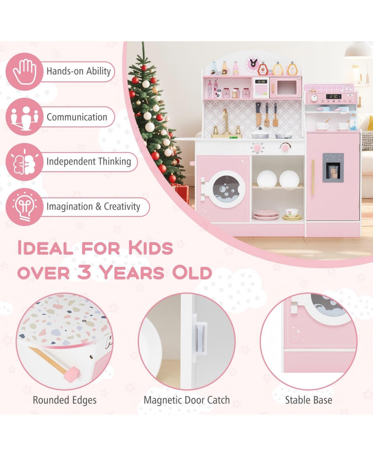 Hongge Wooden Kids Play Kitchen with Ice Maker Coffee Station and Storage