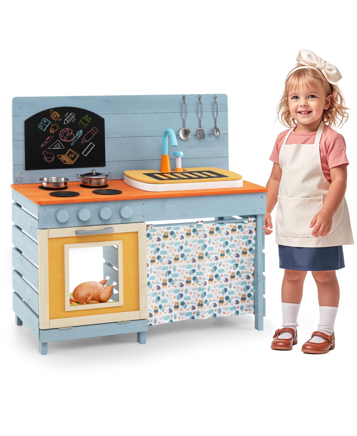 Hongge Wooden Kids Play Kitchen With Circulation Faucet Chalkboard Storage Shelves And Accessories