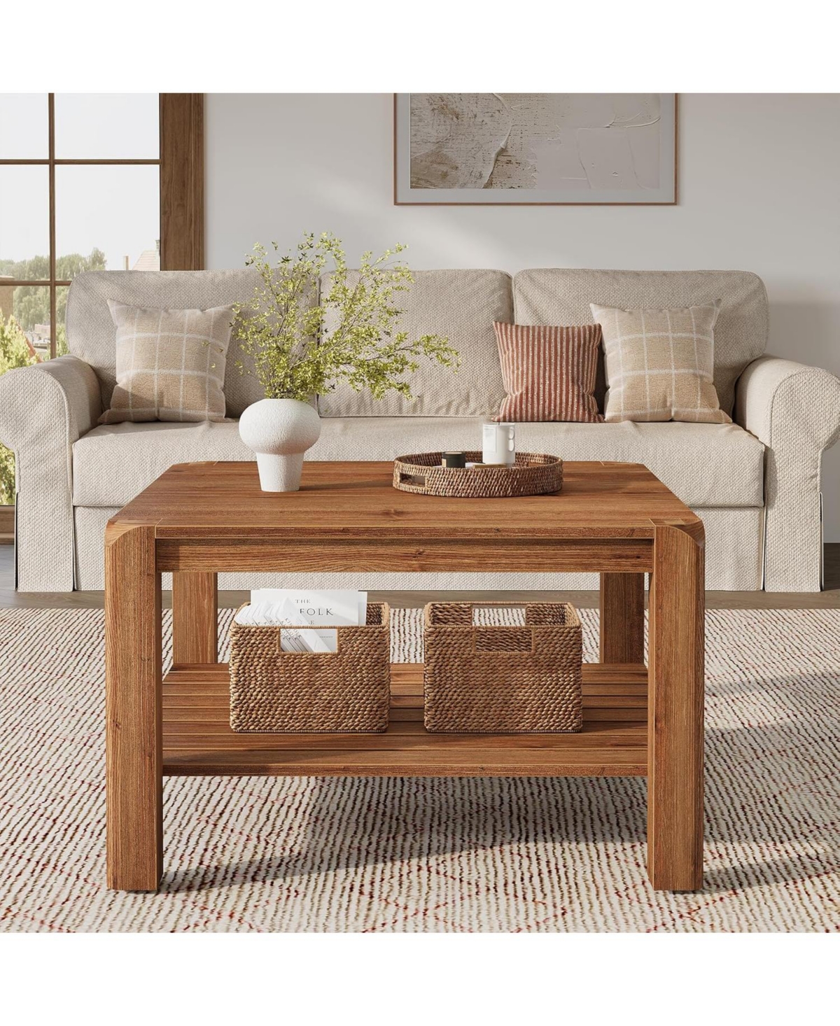Tribesigns 31.5" Solid Wood Coffee Table, 2-Tier Square Center Table with Rounded Corners, Modern Rustic Coffee Furniture