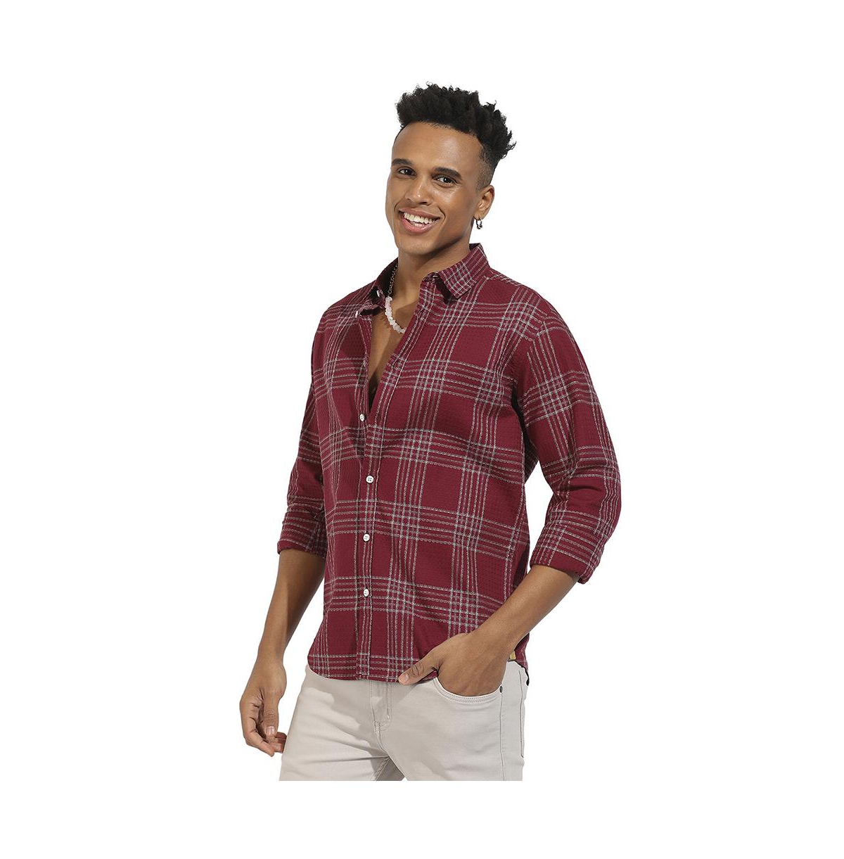 Campus Sutra Men's Maroon Red Chalk Tartan Plaid Shirt