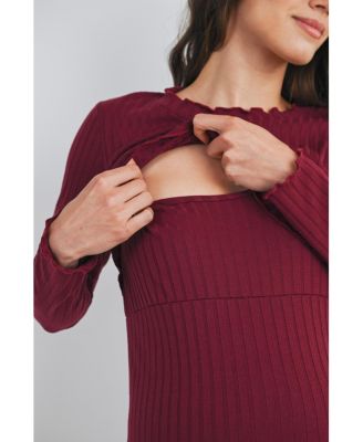 Maternity Long Sleeve Round Neck Ribbed Nursing Friendly Dress