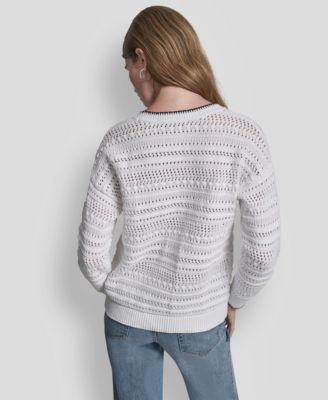 Women's Crew Neck Long-Sleeve Tipped Pointelle Sweater