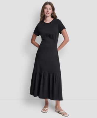 Women's Ruched Bodice Crew Neck Tier Long Dress