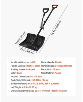 Snow Shovel, 18" Wide Plastic Blade, Assist D-Handle, Non-Slip Grip, Lightweight Driveway Snow Shovel