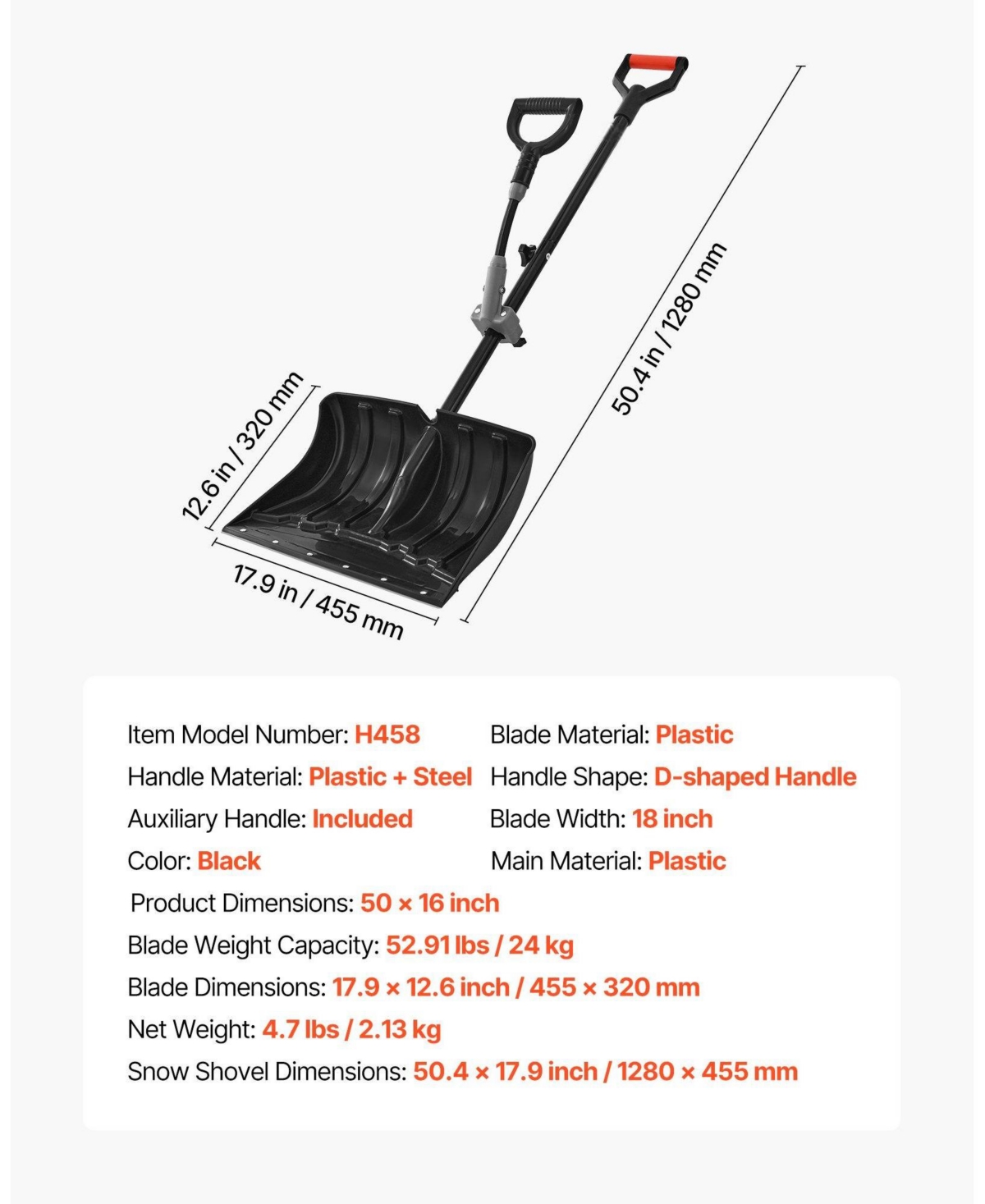 Mecale Snow Shovel, 18" Wide Plastic Blade, Assist D-Handle, Non-Slip Grip, Lightweight Driveway Snow Shovel