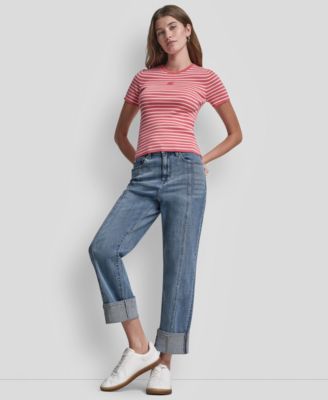 Petite Crew Neck Striped Rib Top