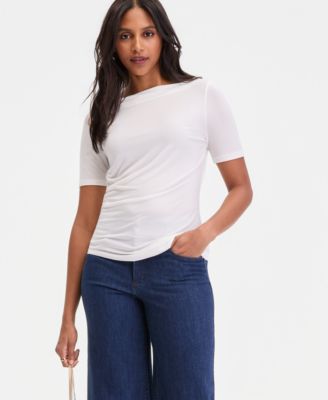 Women's Short-Sleeve Asymmetrical-Hem Ruched Layering Top