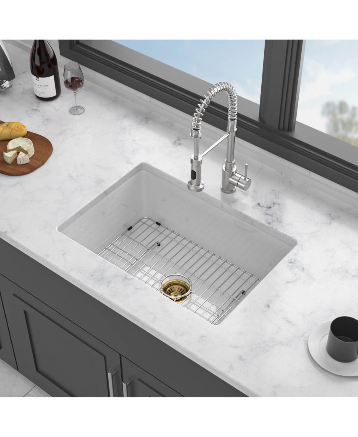 Flynama 27x19x10inch Dual Mount White Porcelain Fireclay Undermount Single Bowl Deep Rectangular Kitchen Sink