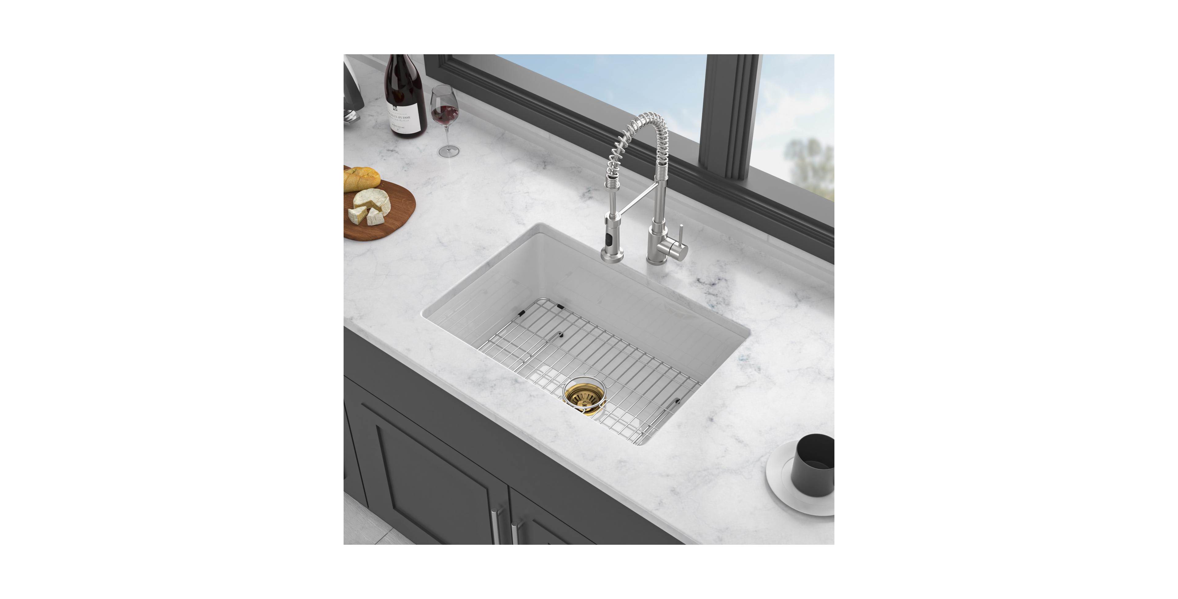 Flynama 27x19x10inch Dual Mount White Porcelain Fireclay Undermount Single Bowl Deep Rectangular Kitchen Sink