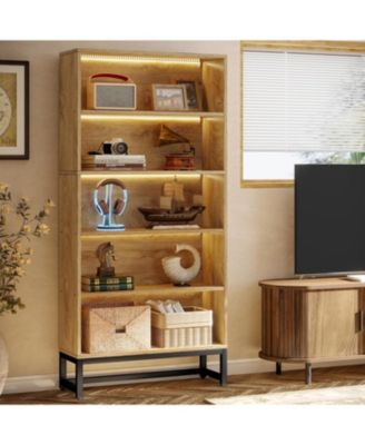 70.8" Tall Bookcase and Bookshelf with LED Lights, Free-Standing Library Bookshelf with 5-Tier Storage Shelves