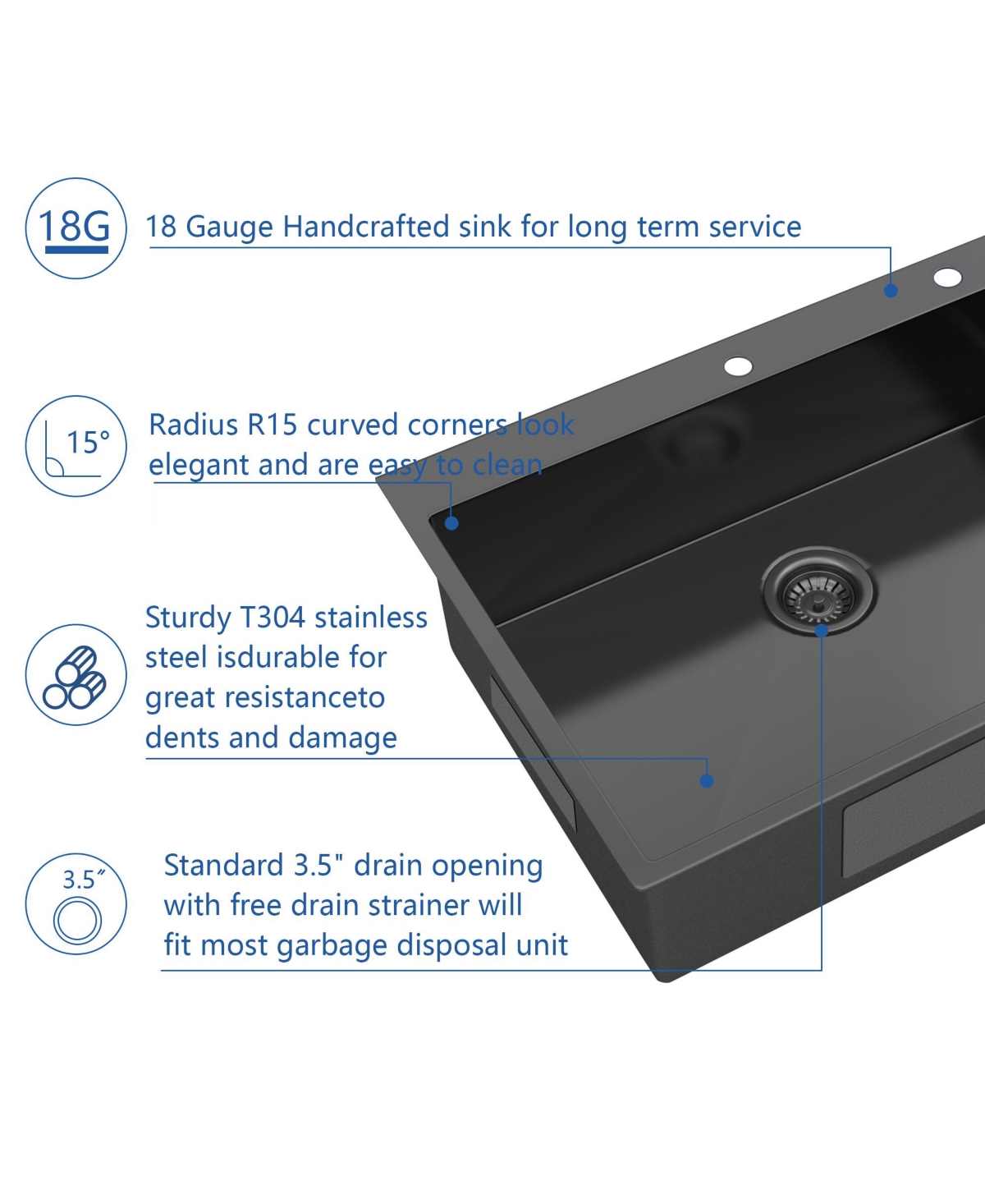 flynama 30x22x9inch Gunmetal Black Kitchen Sink Drop In Topmount Stainless Steel Single Bowl