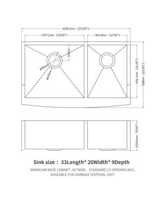 33x20x9inch Double Bowl Farmhouse Sink Stainless Steel Undermount Apron Front 16 Gauge